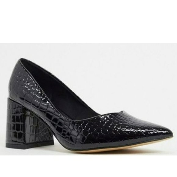 ASOS Design Women's Black Mock Croc Faux Leather Block Heel Court Shoes Size 7 - Picture 2 of 13